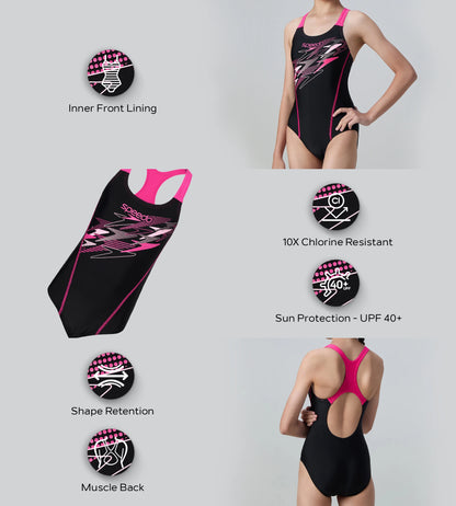 Gir's Endurance10 Medley Print Muscleback V-Cut One Piece Swimsuit - Black & Margarita Pink
