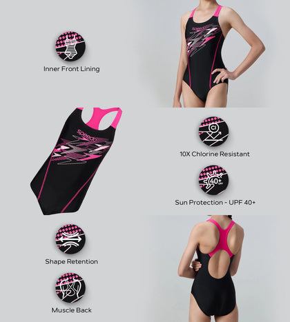 Gir's Endurance10 Medley Print Muscleback V-Cut One Piece Swimsuit - Black & Margarita Pink