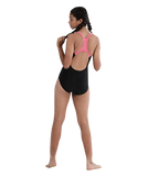 Girl's Endurance 10 Medley Logo Muslceback One Piece V-Cut Swimsuit - Black & Fandango Pink