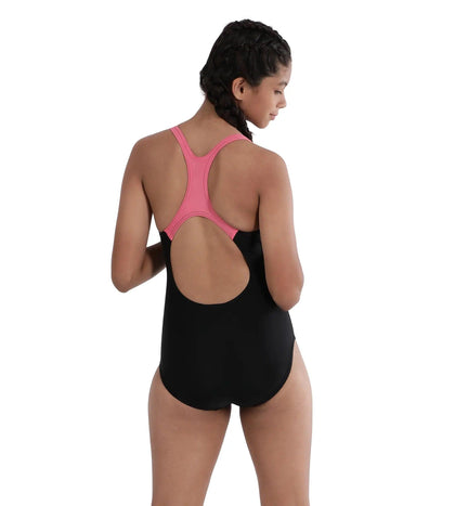 Girl's Endurance Medley Logo Muslce back Swimwear - Black & Fandango Pink_5