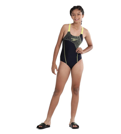 Girl's Endurance Medley Logo Muscleback Swimwear - True Navy & Lemon Drizzle_6