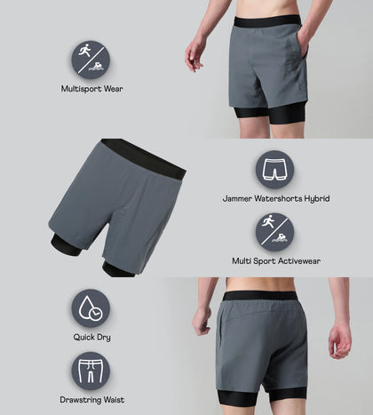 Men's 4 Way Comfort Stretch Volley Watershorts With Built In Jammer - Grey Lead & Anthracite