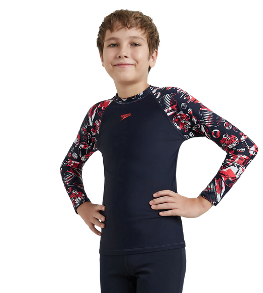 Boy's Endurance 10 Glitchamp Long Sleeve Suntop - True Navy & Lava Red