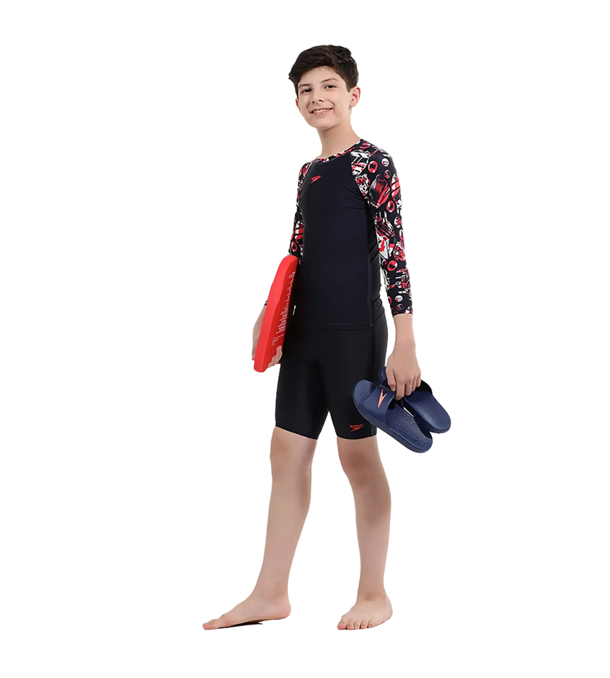 Boy's Endurance 10 Glitchamp Long Sleeve Suntop - True Navy & Lava Red