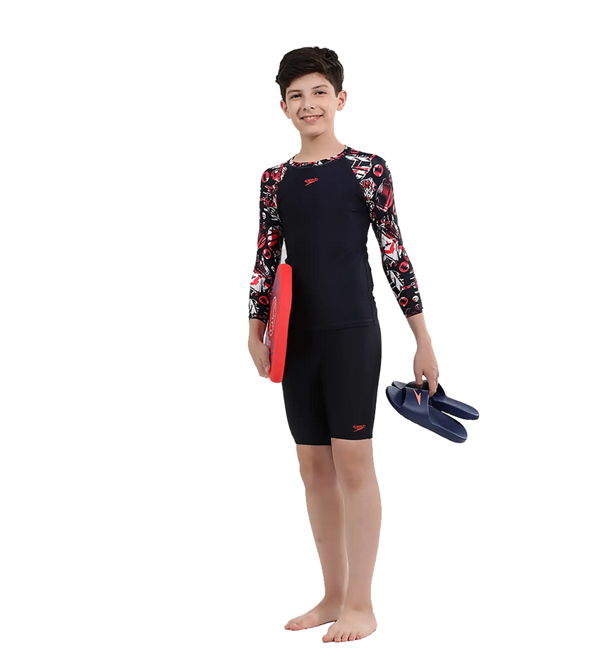 Boy's Endurance 10 Glitchamp Long Sleeve Suntop - True Navy & Lava Red