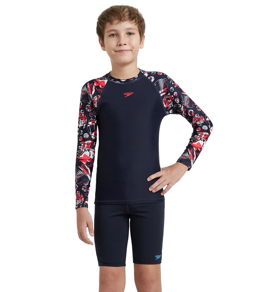 Boy's Endurance 10 Glitchamp Long Sleeve Suntop - True Navy & Lava Red
