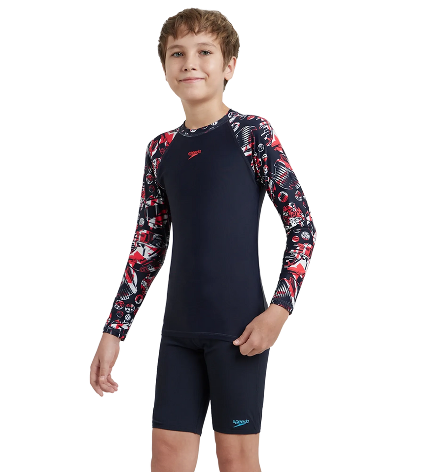 Boy's Endurance 10 Glitchamp Long Sleeve Suntop - True Navy & Lava Red