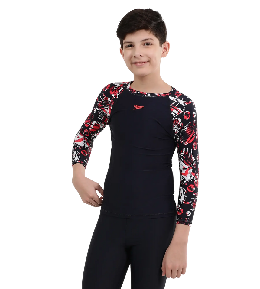 Boy's Endurance 10 Glitchamp Long Sleeve Suntop - True Navy & Lava Red