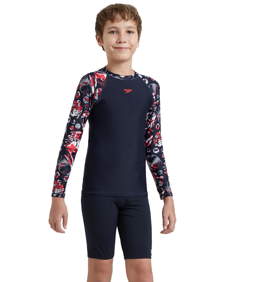 Boy's Endurance 10 Glitchamp Long Sleeve Suntop - True Navy & Lava Red