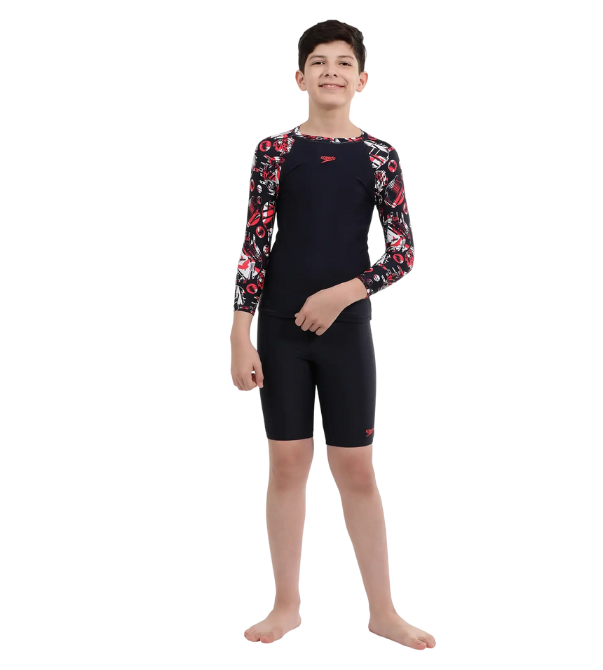 Boy's Endurance 10 Glitchamp Long Sleeve Suntop - True Navy & Lava Red
