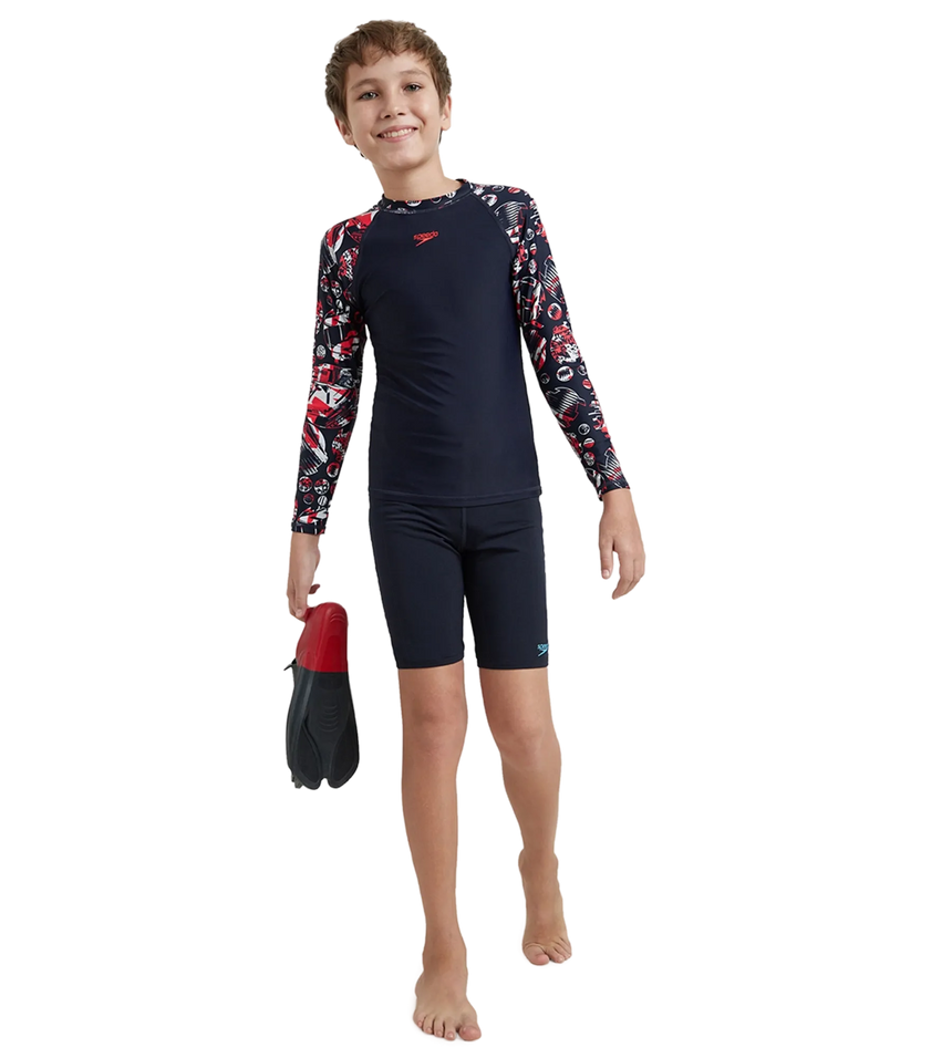 Boy's Endurance 10 Glitchamp Long Sleeve Suntop - True Navy & Lava Red