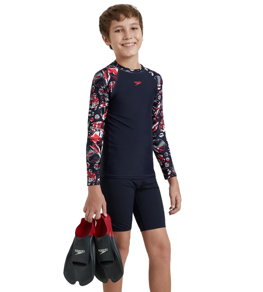 Boy's Endurance 10 Glitchamp Long Sleeve Suntop - True Navy & Lava Red