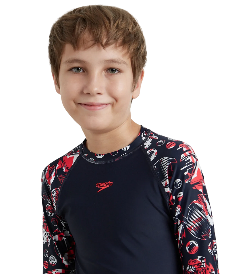Boy's Endurance 10 Glitchamp Long Sleeve Suntop - True Navy & Lava Red