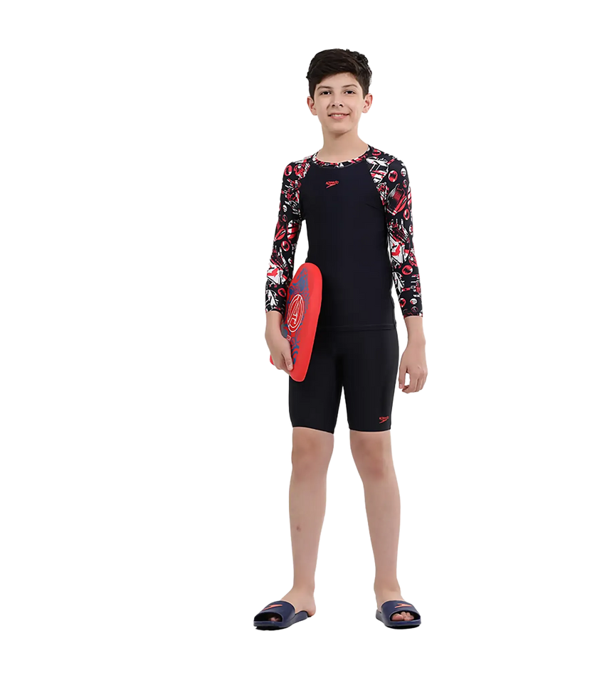 Boy's Endurance 10 Glitchamp Long Sleeve Suntop - True Navy & Lava Red