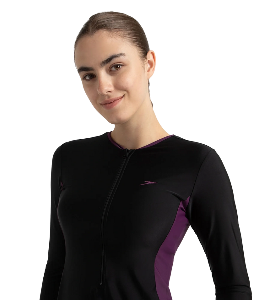 Women's Endurance10 Two Piece Closedback Full Body Suit - Black, Plum Dandy & Neon Violet