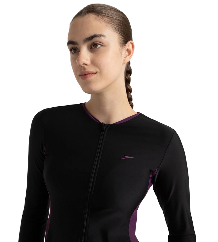 Women's Endurance10 Two Piece Closedback Full Body Suit - Black, Plum Dandy & Neon Violet