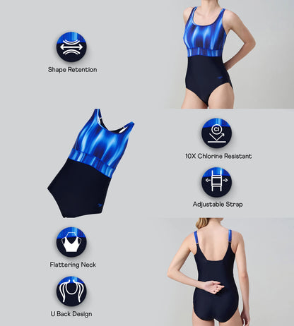 Women's Endurance10 Square Neck Printed V-Cut One Piece Swimsuit - True Navy & Deep Saffire