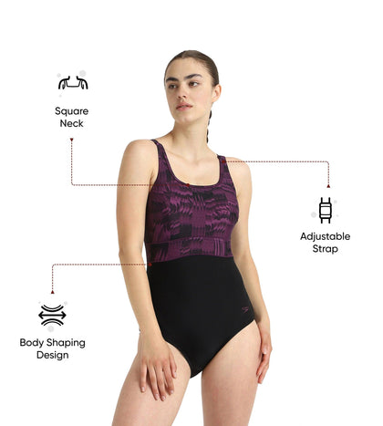 Women's Endurance10 Square Neck Printed V-Cut One Piece Swimsuit With Underband - Black & Plum Dandy