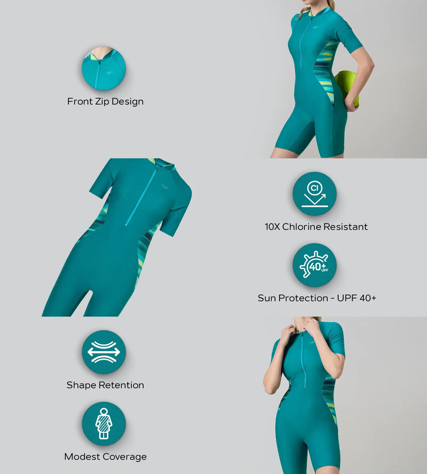 Women's Endurance10 Essential Splice Print Closedback Kneesuit - Kai Green & Mayan Blue