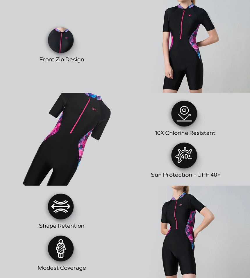 Women's Endurance10 Essential Splice Print Closedback Kneesuit - Black & Margarita Pink