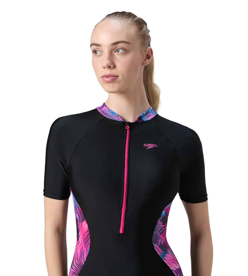 Women's Endurance10 Essential Splice Print Closedback Kneesuit - Black & Margarita Pink