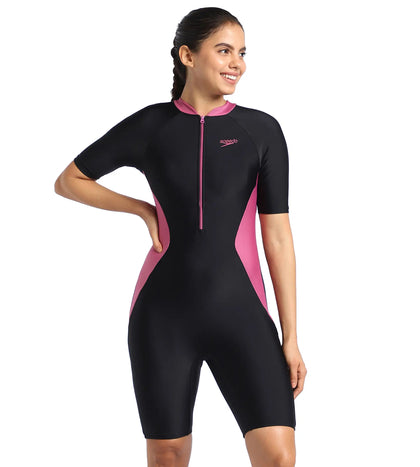 Women's Endurance Essential Panel Kneesuit Swimwear  - Black  &  Hotmauve_1