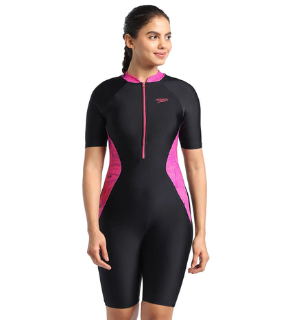 Women's Endurance Essential Panel Printed Kneesuit Swimwear  - Black  &  Wineberry_1