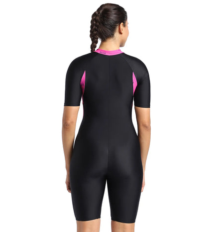 Women's Endurance Essential Panel Printed Kneesuit Swimwear  - Black  &  Wineberry_4