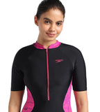 Women's Endurance Essential Panel Printed Kneesuit Swimwear  - Black  &  Wineberry_5