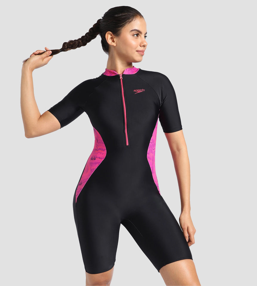 Women's Endurance 10 Essential Panel Printed Kneesuit Swimwear - Black & Wineberry