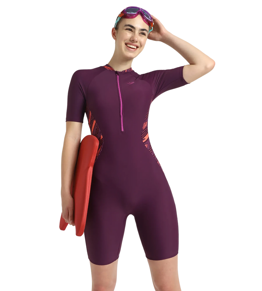 Women's Enduraflex Essential Splice Print Closedback Kneesuit - Plum Dandy, Coral Sands & Neon Violet