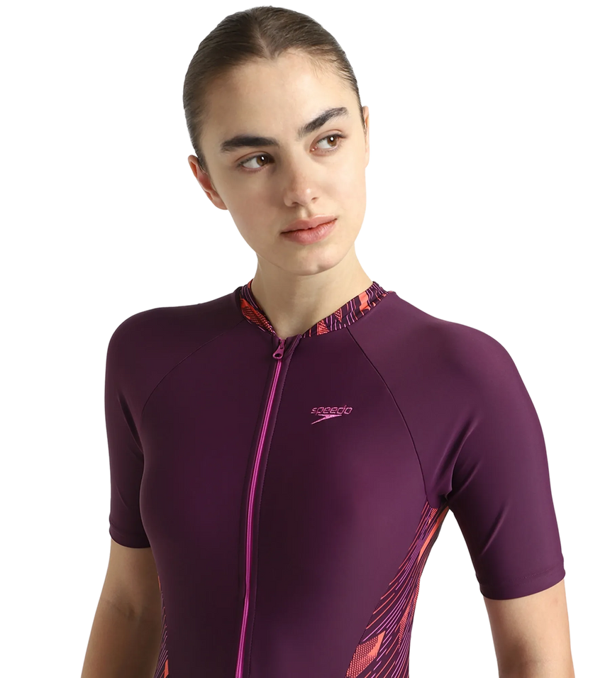 Women's Enduraflex Essential Splice Print Closedback Kneesuit - Plum Dandy, Coral Sands & Neon Violet