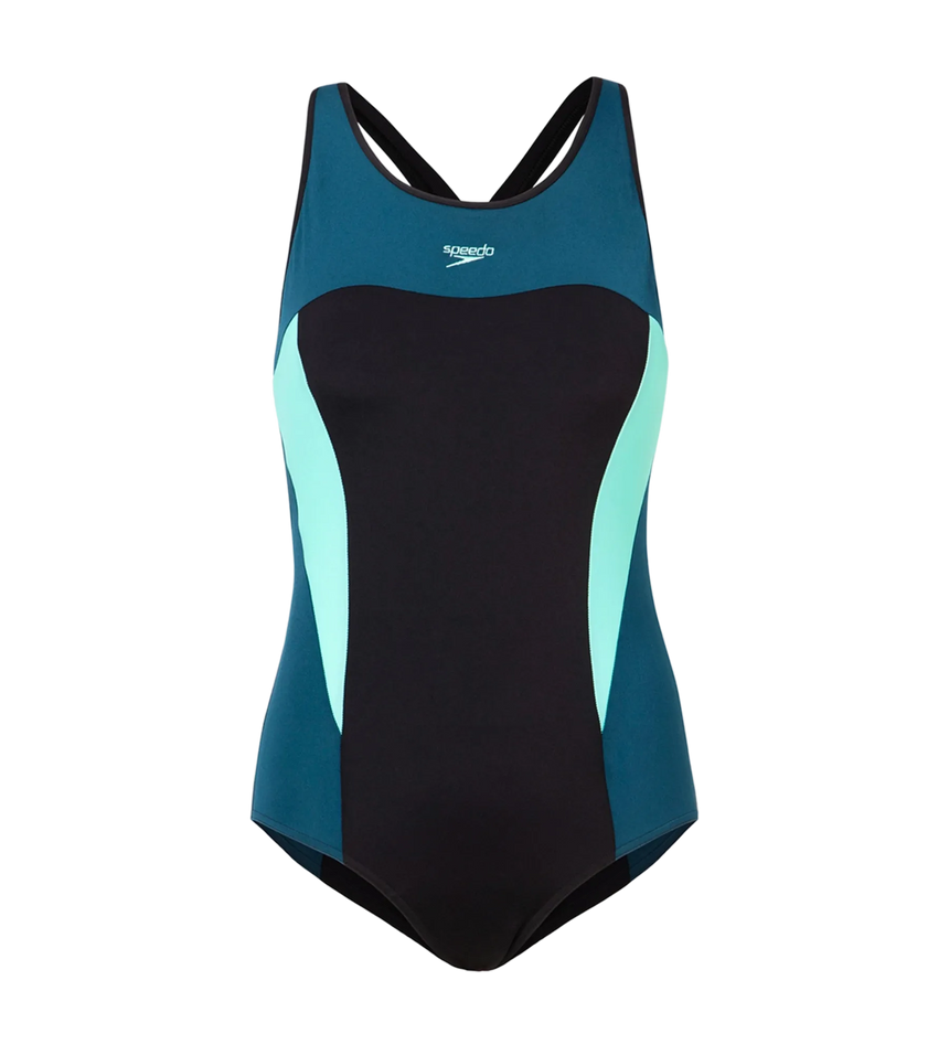 Women's Endurance+ High Neck Cross Back V-Cut One Piece Swimsuit - Black, Dark Teal & Arctic Glass