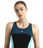 Women's Endurance+ High Neck Cross Back V-Cut One Piece Swimsuit - Black, Dark Teal & Arctic Glass