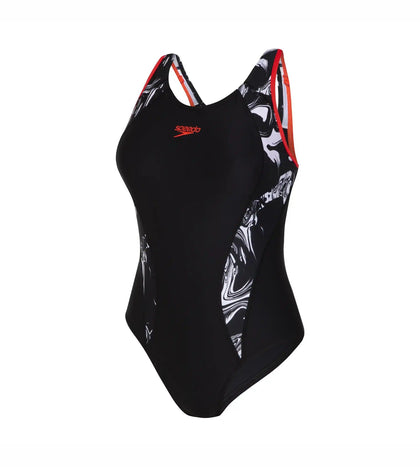 Women's Endurance Printed Fit Laneback One Piece Swimwear - Black  &  White_3