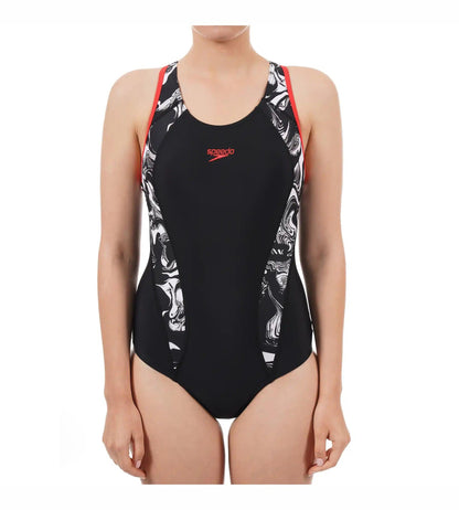 Women's Endurance Printed Fit Laneback One Piece Swimwear - Black  &  White_6