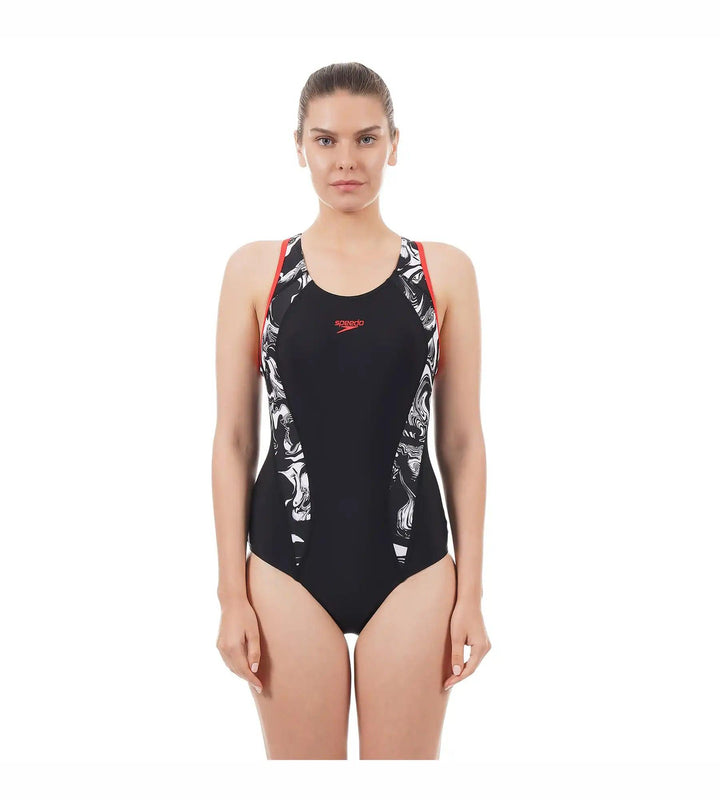 Women's Endurance Printed Fit Laneback One Piece Swimwear - Black  &  White_1