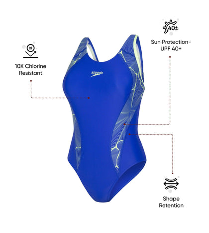 Women's Endurance 10 Side Panel Print Laneback One Piece Swimwear - Chroma Blue & Bright Zest