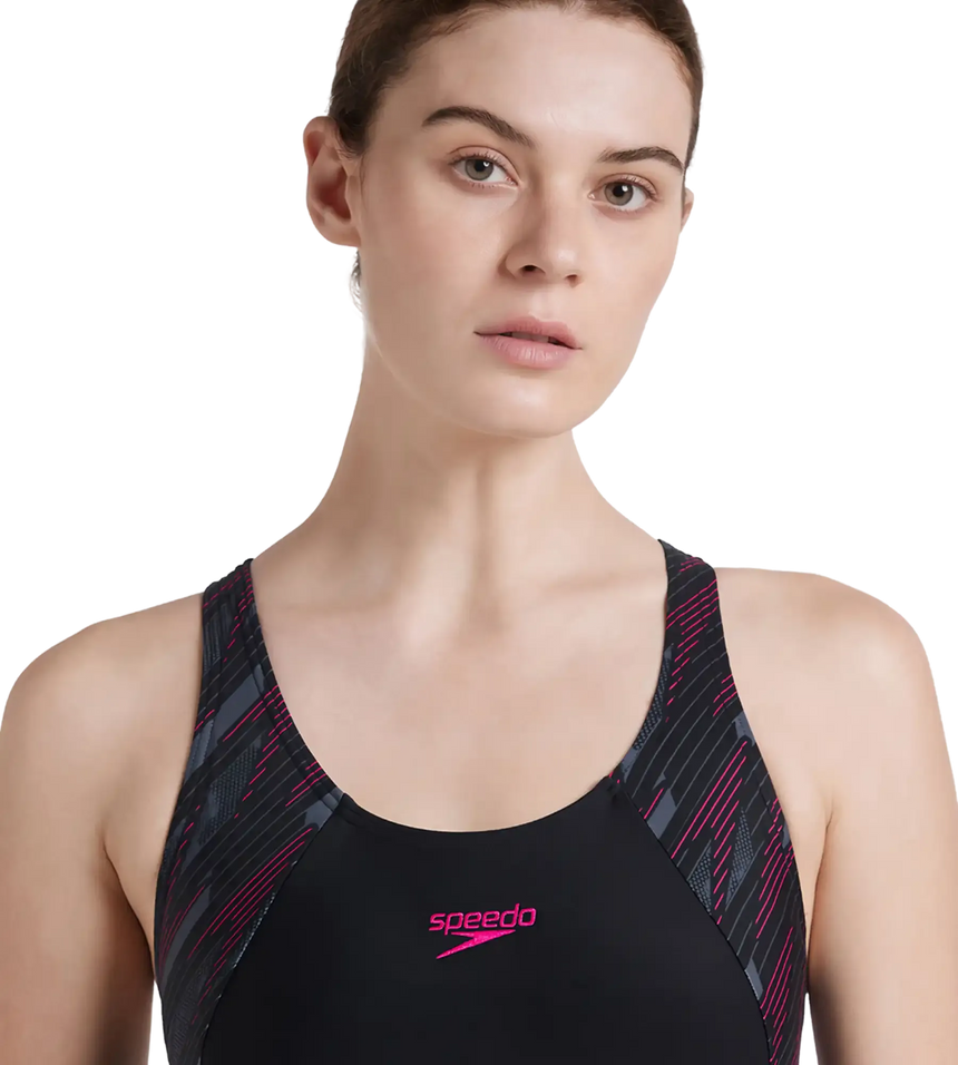 Women's Endurance 10 Hyperboom Splice Racerback One Piece Swimwear - Black & Electric Pink