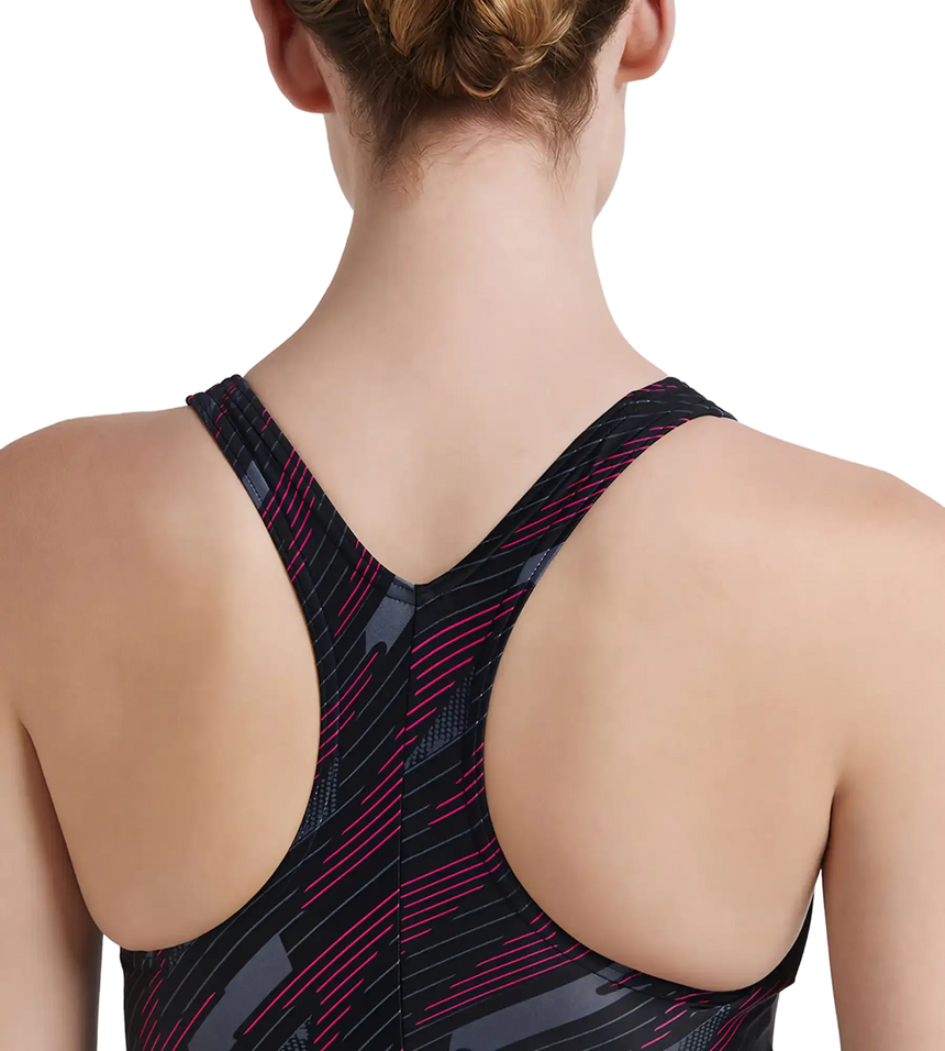Women's Endurance 10 Hyperboom Printed Racerback One Piece Swimwear - Black & Electric Pink