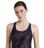 Women's Endurance 10 Hyperboom Printed Racerback One Piece Swimwear - Black & Electric Pink
