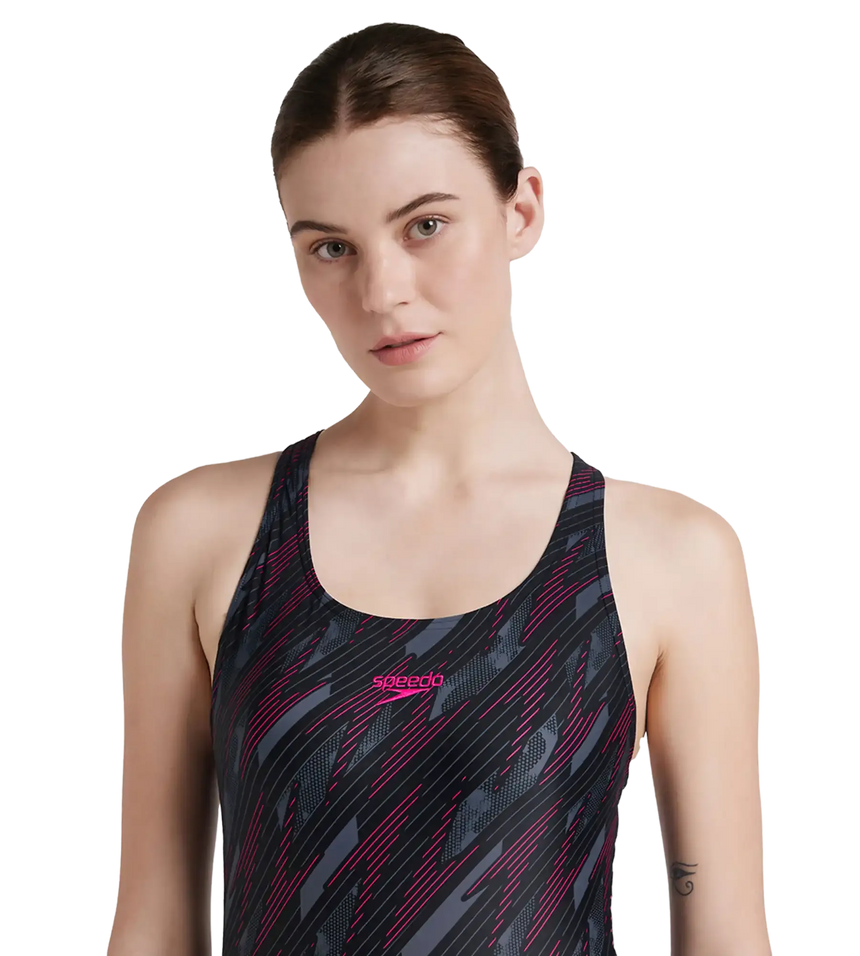 Women's Endurance 10 Hyperboom Printed Racerback One Piece Swimwear - Black & Electric Pink