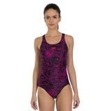 Women's Endurance 10 Boom Printed Racerback V-Cut Swimsuit - Black, Electric Pink