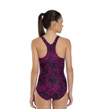 Women's Endurance 10 Boom Printed Racerback V-Cut Swimsuit - Black, Electric Pink