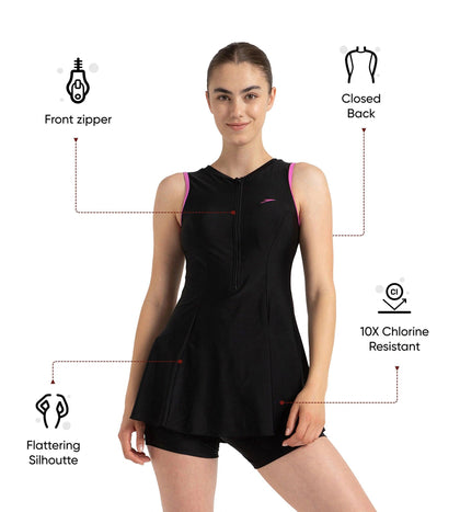 Women's Endurance10 Closedback Swimdress With Boyleg - Black & Neon Violet