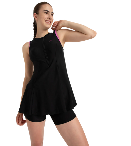 Women's Endurance10 Closedback Swimdress With Boyleg - Black & Neon Violet