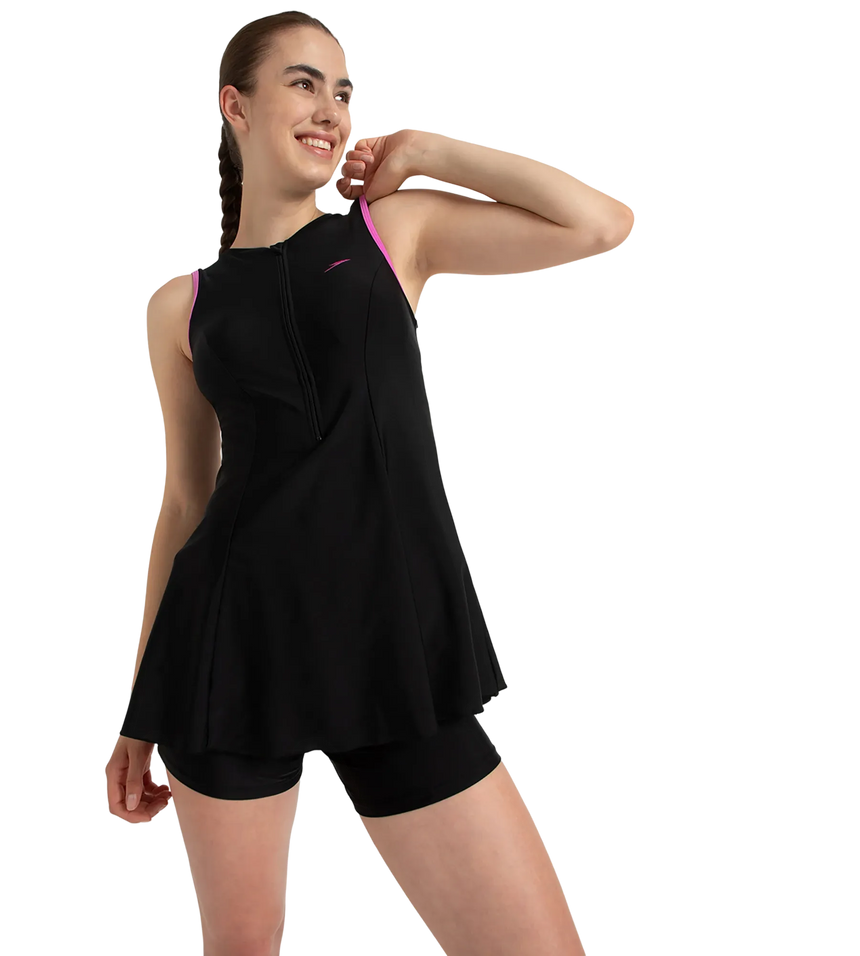 Women's Endurance10 Closedback Swimdress With Boyleg - Black & Neon Violet