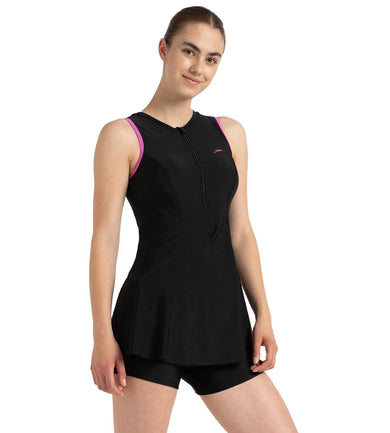 Women's Endurance10 Closedback Swimdress With Boyleg - Black & Neon Violet