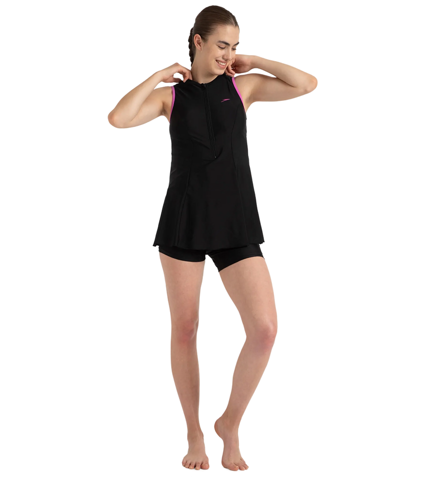 Women's Endurance10 Closedback Swimdress With Boyleg - Black & Neon Violet