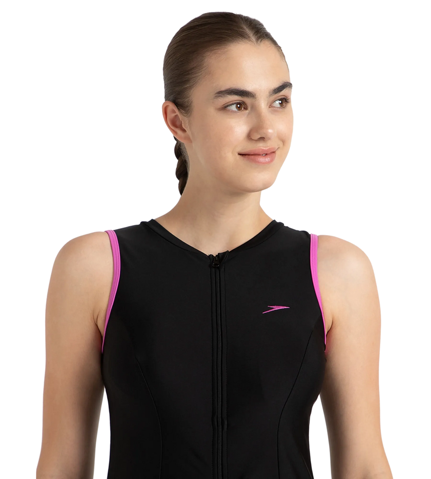 Women's Endurance10 Closedback Swimdress With Boyleg - Black & Neon Violet